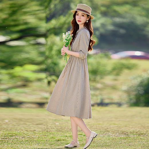 文艺复古格子连衣裙2025秋季新款设计感边系带长袖中长连衣裙SYY2677 商品图3
