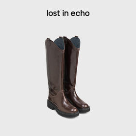 lost in echo2025早秋新款复古刺绣布洛克高筒一脚蹬骑士靴长靴女