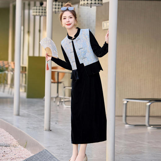 新中式连衣裙气质马甲，黑色内搭打底丝绒套装裙HR-EBDU952 商品图0