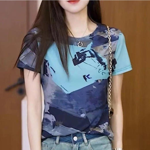 雀说水墨画印花短袖T恤新款网纱薄款百搭修身上衣AL10120 商品图0