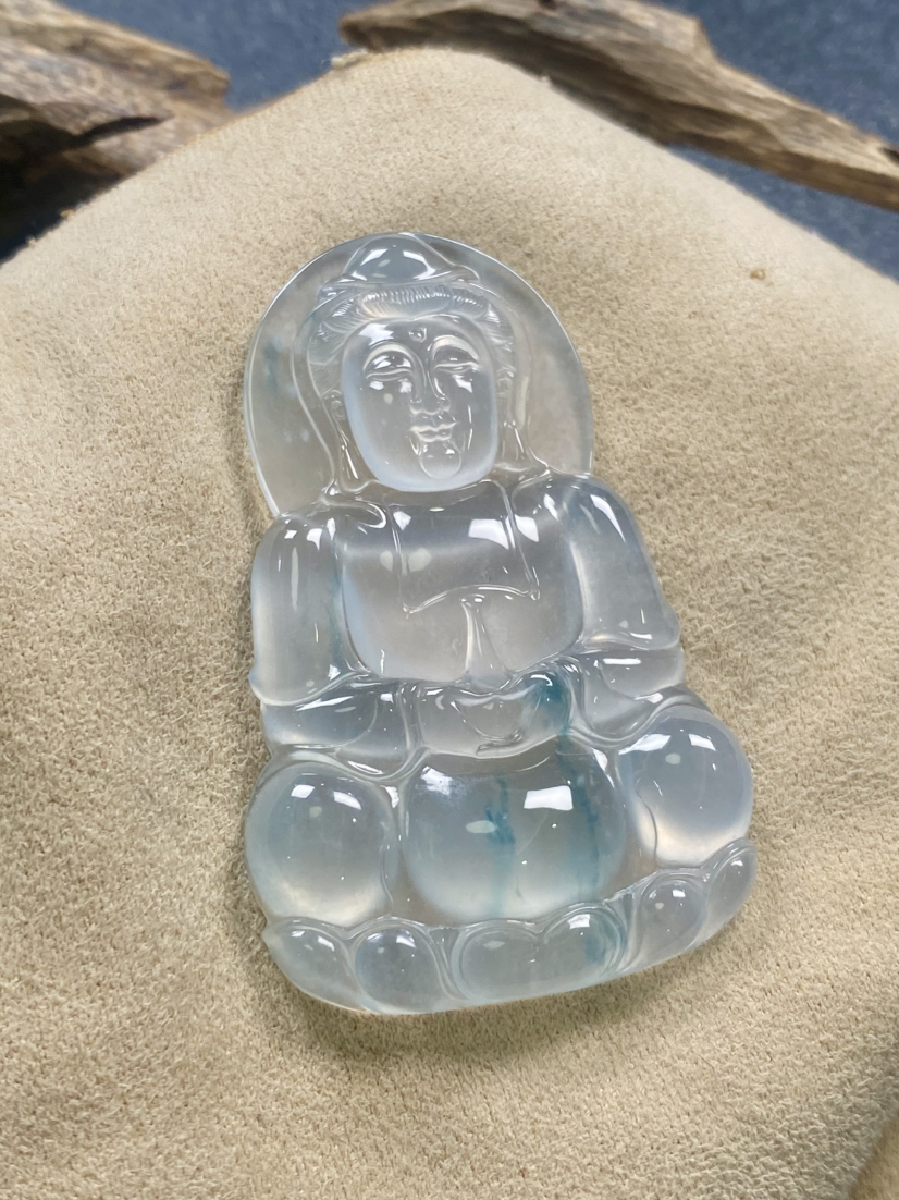 【FC0127】翡翠玻璃种飘花观音挂件  水润光泽 飘花灵动 雕工精美 菩萨慈眉善目