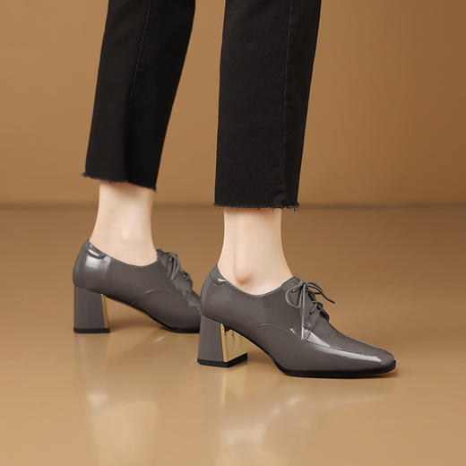 【预售5天】中跟乐福鞋深口女士单鞋女春秋季新款高跟系带真皮小皮鞋女HY&H3728 商品图2