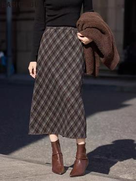 【孤品捡漏】G112呢料咖色格子直筒半身裙-喜出