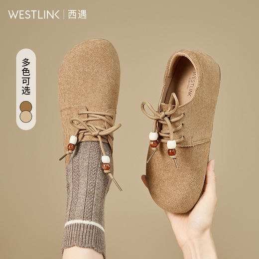 【限时秒杀】西遇平底勃肯鞋女新款秋季复古百搭袋鼠鞋圆头软底系带小皮鞋V1857061 商品图0