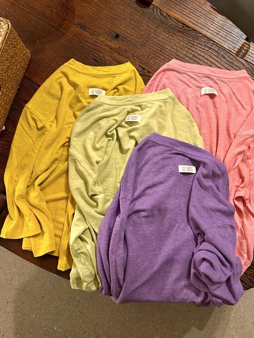 2025夏末初秋原创儿童极简颜色很好看的落肩亚麻松弛感长袖T！ 商品图1