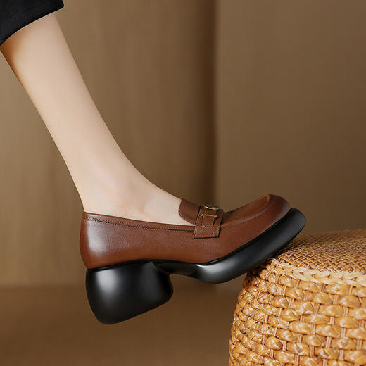 【预售5天】英伦风厚底小皮鞋女真皮圆头松糕鞋秋季复古高跟单鞋DTN&B369-3 商品图2