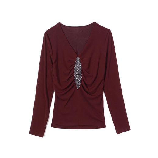 KQL E37M2923洋气V领气质镶钻纯色气质网纱长袖t恤 商品图3