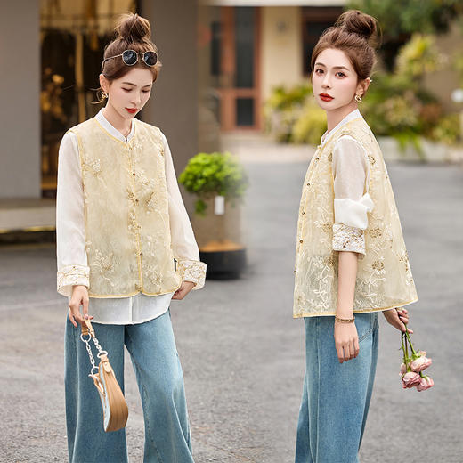 HR CPYY8125新中式国风刺绣微透马甲配长袖衬衫两件套 商品图0