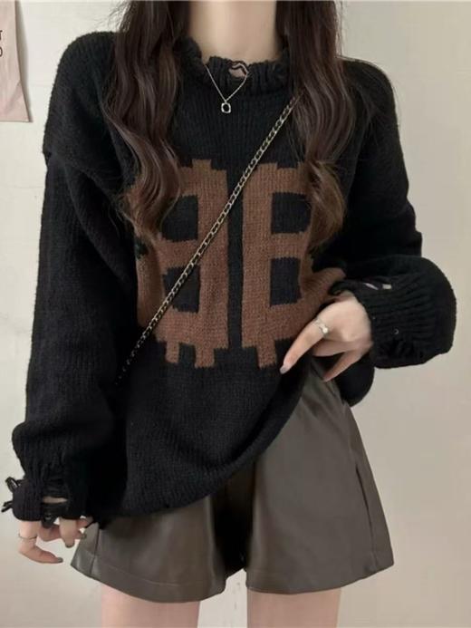 【孤品捡漏】G99黑色破洞珍珠镂空毛衣-喜出 商品图1