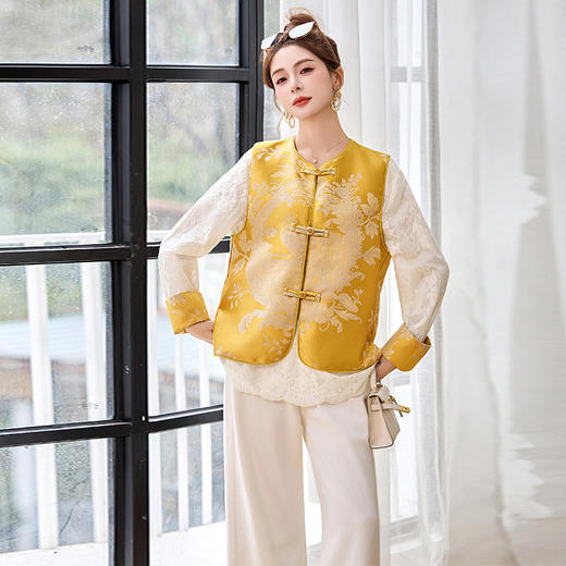 HR CPYY8118新中式提花缎面盘扣马甲蕾丝两件套 商品图2