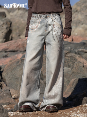 早乙女惠子saotome/STMKZ13102/飞鸟蕾丝串珠满印牛仔裤