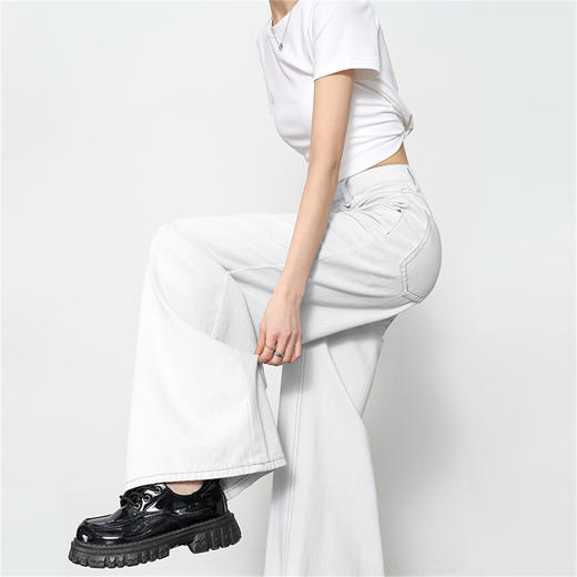 西遇宽松水洗牛仔裤女新款通勤高腰慵懒风白色阔腿裤D0050425 商品图2