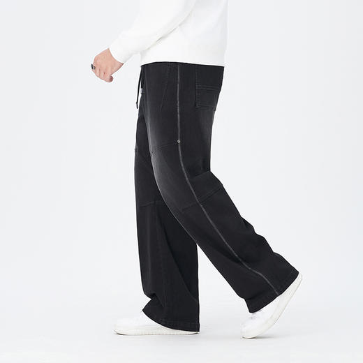 【100%棉】【DMH】大依优型大码男阔腿裤牛仔裤休闲下装美式高街牛仔裤潮流松紧腰纯棉复古拼接做旧加肥宽松阔腿裤子男300斤 商品图2