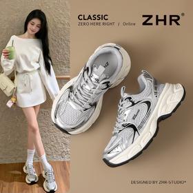 【增高5cm】ZHR厚底银色老爹鞋2025小个子运动鞋网面透气休闲女鞋
