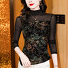 KQL E037M2919洋气丝绒拼接网纱长袖打底t恤修身显瘦小衫 商品缩略图0