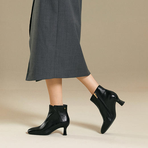 【静音系列】千百度粗高跟羊皮靴时装靴女通勤短靴子A25587070 商品图2