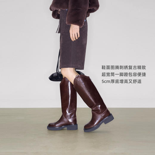 lost in echo2025早秋新款复古刺绣布洛克高筒一脚蹬骑士靴长靴女 商品图1