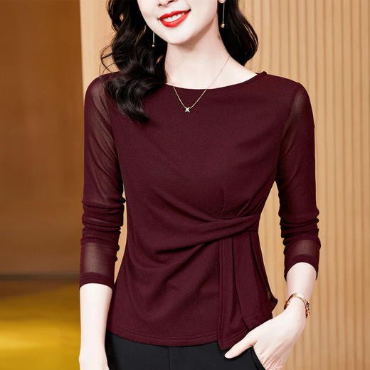 KQL E37M2925洋气一字领纯色气质网纱长袖打底衫t恤 商品图3