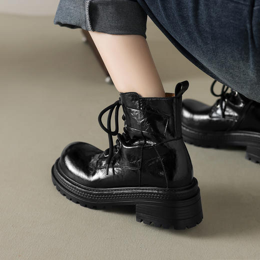 阿么手工女鞋复古厚底街头风机车马丁靴女拉链英伦风增高短靴6CM 商品图2