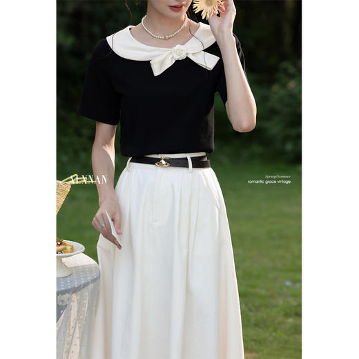 鹿向南「风传花信」黑色法式气质短袖T恤女夏独特设计感拼色上衣 商品图3