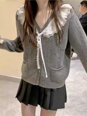 【孤品捡漏】G61灰色花边领针织开衫毛衣-喜出