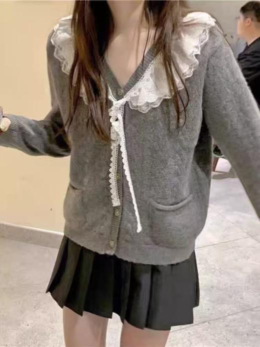 【孤品捡漏】G61灰色花边领针织开衫毛衣-喜出 商品图0