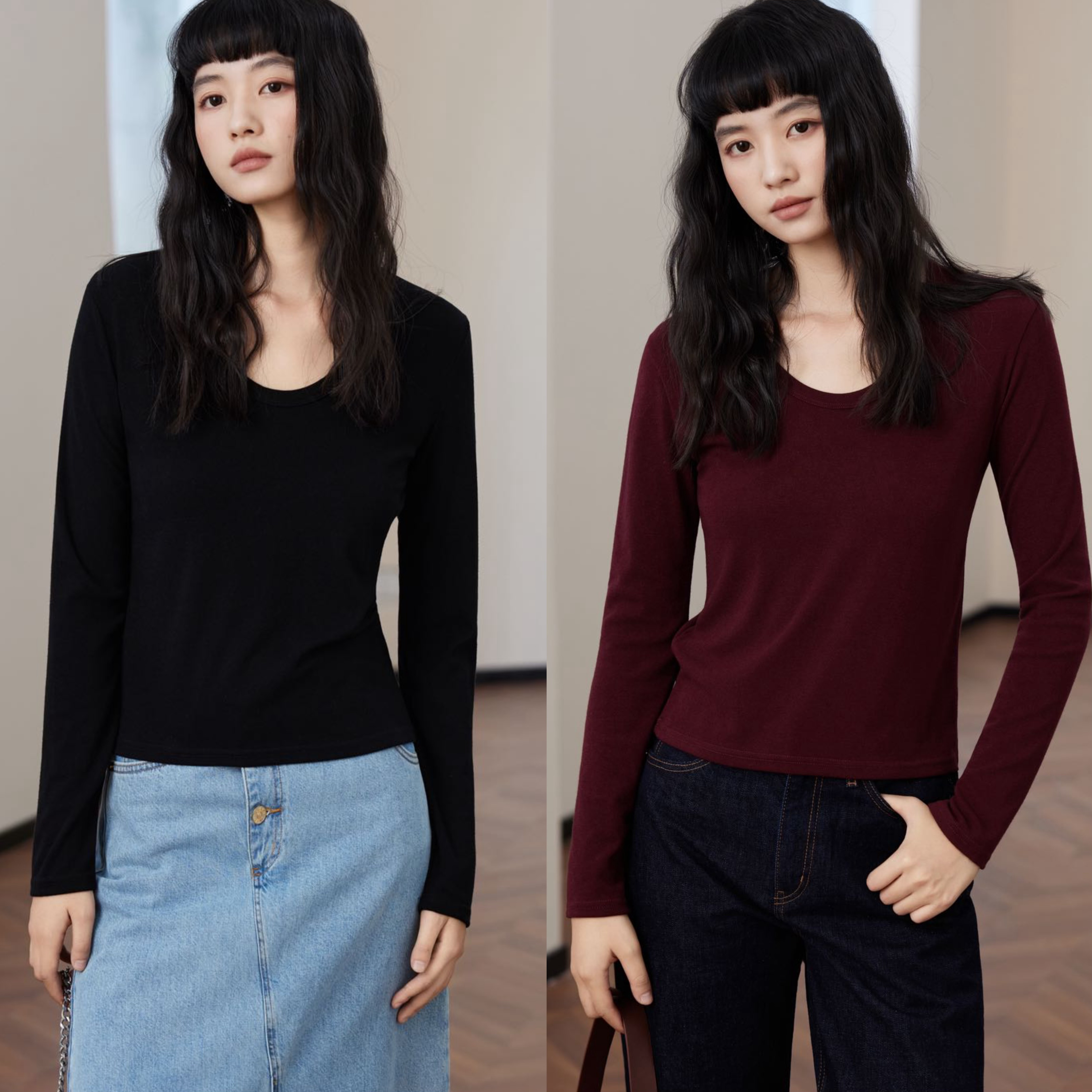 【超值两件装】卷卷紫鹅蛋领长袖T恤 鹅蛋领设计领口 显瘦有气质 面料软弹舒适 修身百搭单穿叠穿都有范