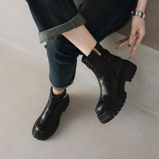 阿么手工女鞋短筒拉链复古短靴厚底5CM品牌真皮2025新款靴子女款 商品图3