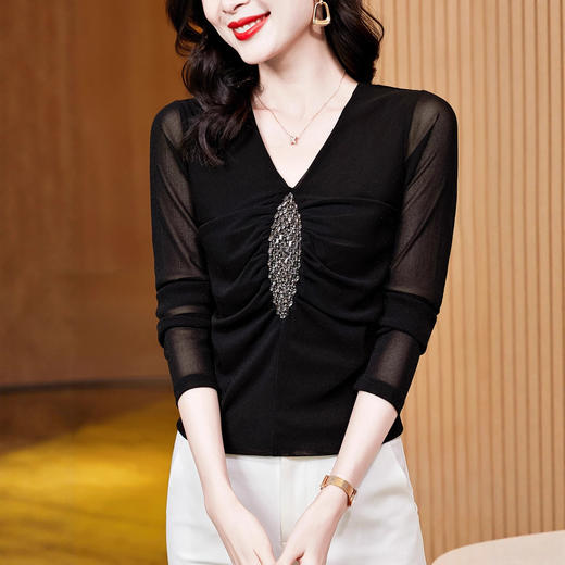 KQL E37M2923洋气V领气质镶钻纯色气质网纱长袖t恤 商品图1