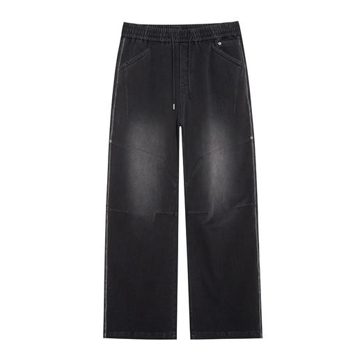 【100%棉】【DMH】大依优型大码男阔腿裤牛仔裤休闲下装美式高街牛仔裤潮流松紧腰纯棉复古拼接做旧加肥宽松阔腿裤子男300斤 商品图4