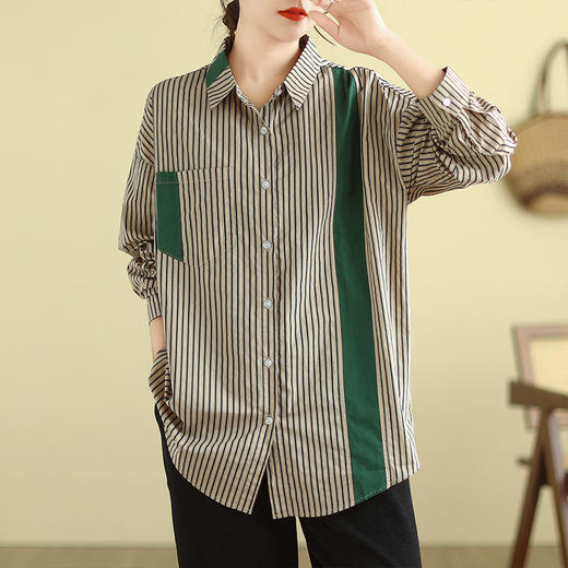 GYH 9368条纹衬衫拼接撞色休闲宽松显瘦大码衬衣 商品图0