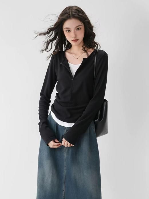 【孤品捡漏】（样衣）G96假两件拉链修身抽褶打底衫--喜出 商品图0