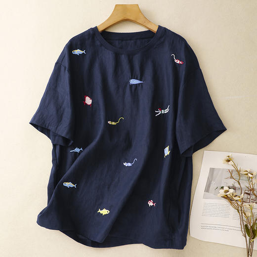 GYH 9075简约重工刺绣上衣休闲文艺宽松T恤 商品图1
