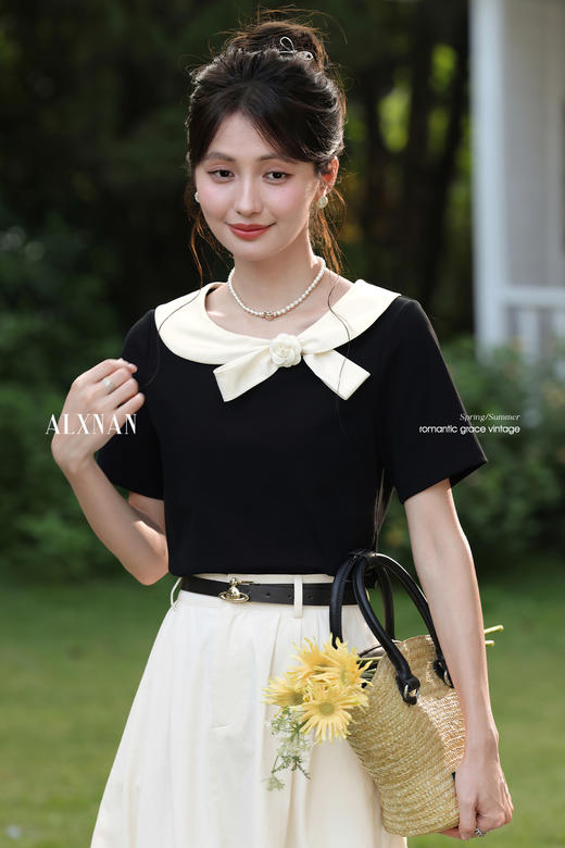 鹿向南「风传花信」黑色法式气质短袖T恤女夏独特设计感拼色上衣 商品图5