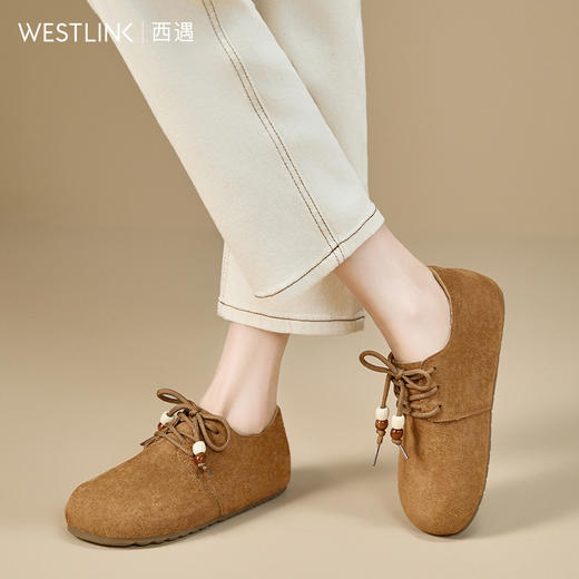 【限时秒杀】西遇平底勃肯鞋女新款秋季复古百搭袋鼠鞋圆头软底系带小皮鞋V1857061 商品图3