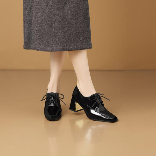 【预售5天】中跟乐福鞋深口女士单鞋女春秋季新款高跟系带真皮小皮鞋女HY&H3728 商品图4