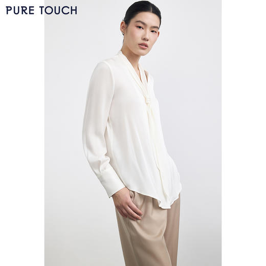 PURE TOUCH 白色飘带V领真丝衬衫 商品图3