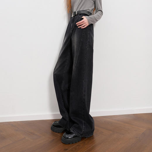 三彩2025冬季新款收腰牛仔裤休闲裤一体绒磨毛宽松阔腿裤长裤M 商品图1