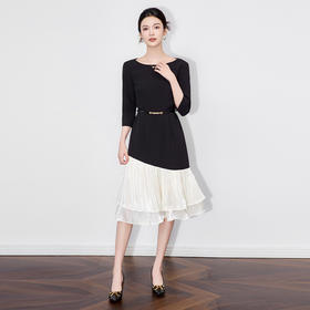 「高货wl」全新升级【铂金会员358/天猫479/差价121】(95709)洛诗琳2025秋季优雅设计感不规则荷叶边拼接收腰连衣裙女