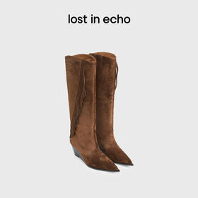 lost in echo2025早秋新款复古波西米亚时髦尖头流苏坡跟长筒靴女