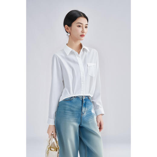 剩L/XL 米思阳2026春季气质白衬衫口袋装饰短款休闲百搭透气棉衬衣女4304 商品图2