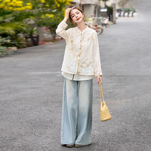 HR CPYY8125新中式国风刺绣微透马甲配长袖衬衫两件套 商品图1
