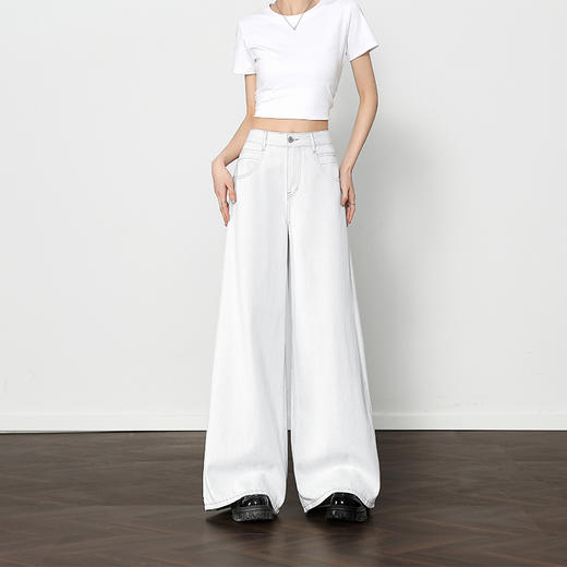 西遇宽松水洗牛仔裤女新款通勤高腰慵懒风白色阔腿裤D0050425 商品图5