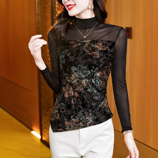 KQL E037M2919洋气丝绒拼接网纱长袖打底t恤修身显瘦小衫 商品图1