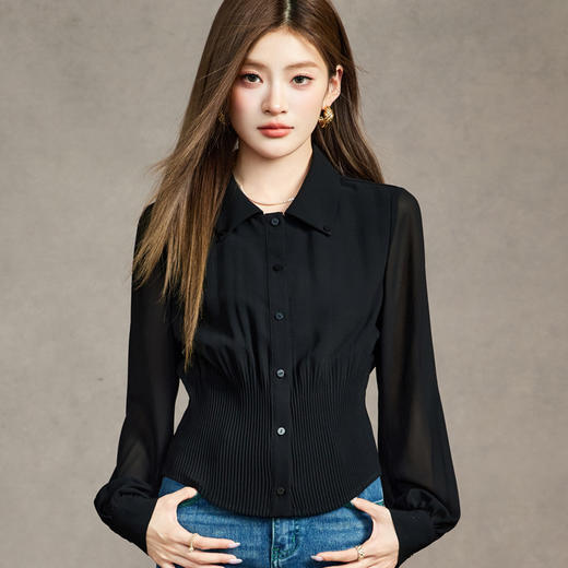 「自」全新升级【铂金会员174/天猫229/差价55】(01033)洛诗琳法式新款气质雪纺衫2025秋季收腰显瘦飘带衬衫女 商品图1