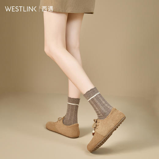 【限时秒杀】西遇平底勃肯鞋女新款秋季复古百搭袋鼠鞋圆头软底系带小皮鞋V1857061 商品图2