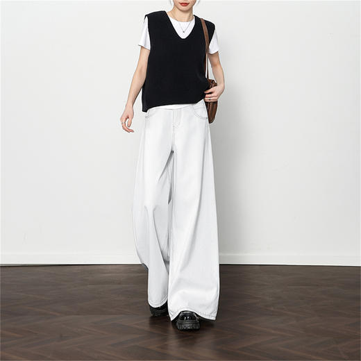 西遇宽松水洗牛仔裤女新款通勤高腰慵懒风白色阔腿裤D0050425 商品图1