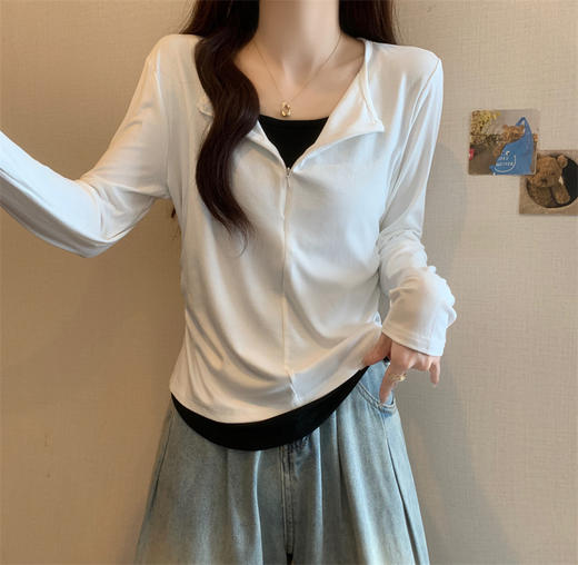 热卖！一件穿出时髦感！AILISCOCO 假两件撞色拉链Tee 女款长袖T 显瘦百搭 日常通勤 商品图1