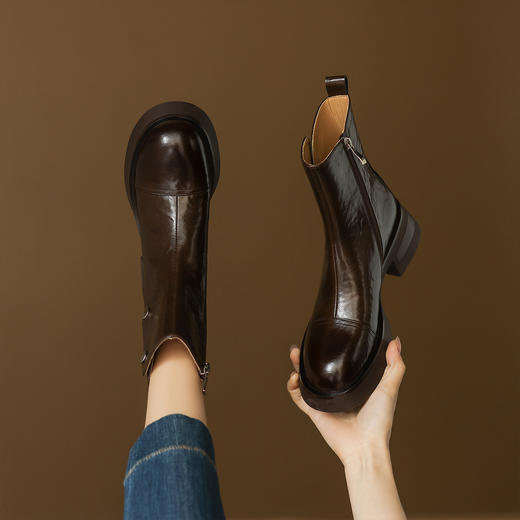 阿么手工女鞋防水台2025秋冬新款粗跟短靴英伦风简约百搭靴子5CM 商品图4