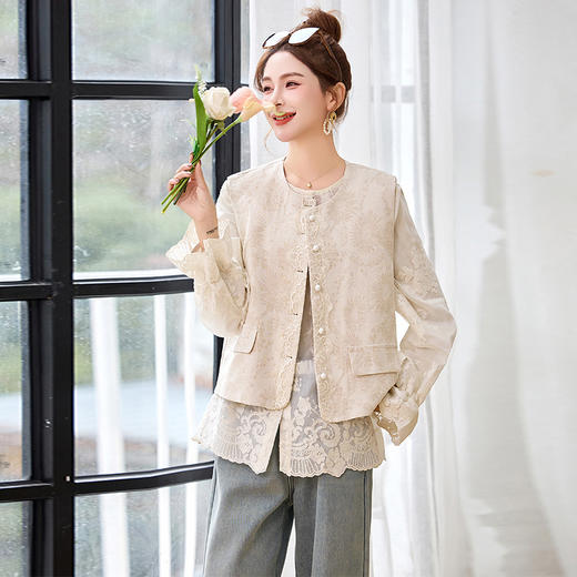 HR CPYY8117新中式棉麻提花马甲外套蕾丝小衫两件套 商品图3
